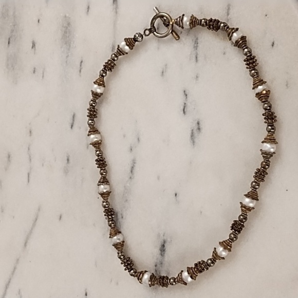 Vintage Antique Gold, Brass & Pearl Beaded Necklace With Toggle Clasp - Picture 4 of 9